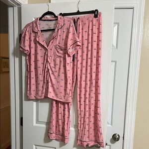 Rachel Zoe Pink and Black Bow Two Piece Bamboo Pajama Pants and Short Sleeve Set